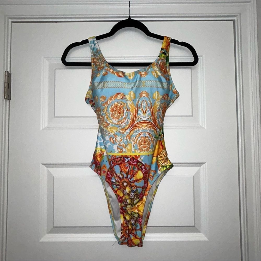 High-Cut One-Piece Swimsuit in Blue Floral Mosaic